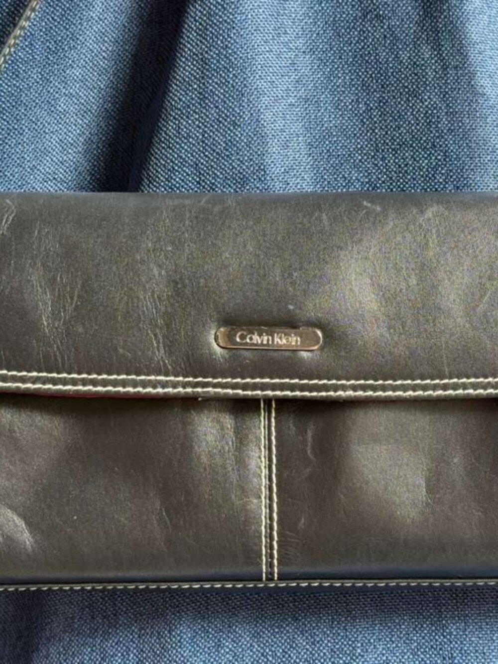 Vintage Calvin Klein Black Leather Baguette Shoulder Bag with Red Lining